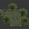 Ancient Green Moss Covered Courtyard With Stone Walls Palm Trees And Steps