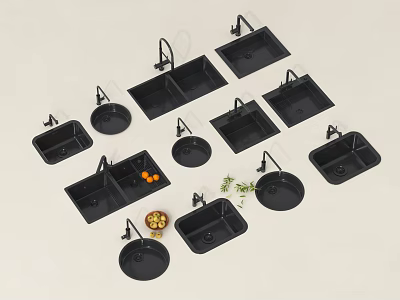 Black Kitchen Sink With Various Styles Faucets And Fresh Fruits Herbs 3d model