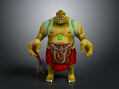 Green Skinned Orc Warrior with Yellow Eyes Spiked Weapon and Green Gem Necklace 3d model