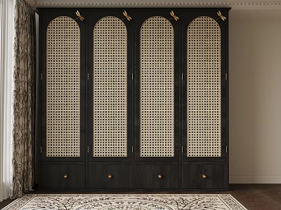 Black Arched Lattice Door Cabinet With Gold Handles And Storage Drawers 3d model