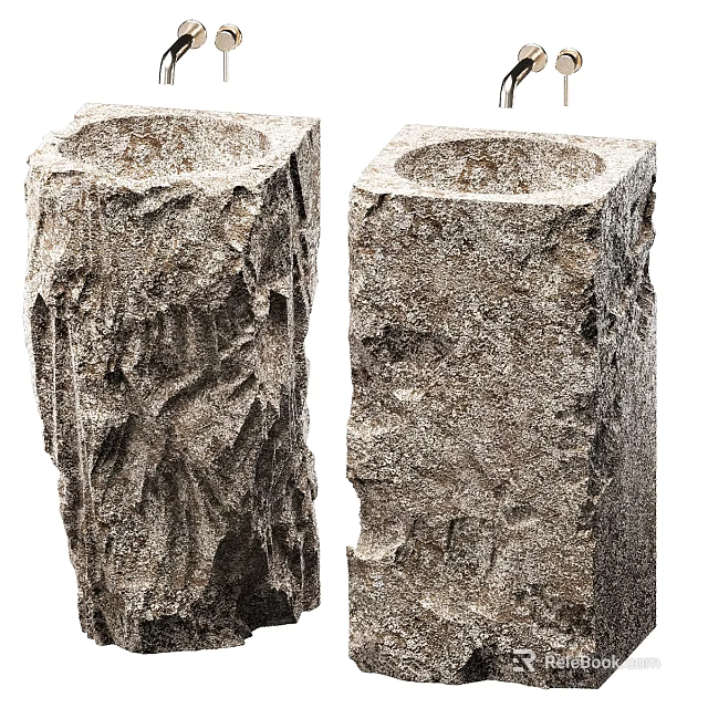 Two Natural Stone Pedestal Basins Showcasing Rough Organic Texture in Rustic Style 3d model 