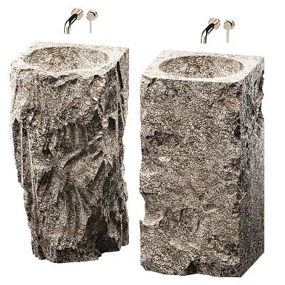 Two Natural Stone Pedestal Basins Showcasing Rough Organic Texture in Rustic Style 3d model