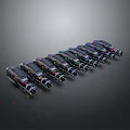 Row of Sleek Black Concept Cars With Colorful Accent Lights On Dark Background