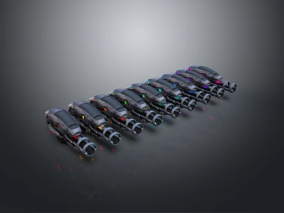 Row of Sleek Black Concept Cars With Colorful Accent Lights On Dark Background 3d model