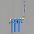 Industrial Equipment Three Blue Cylindrical Filters With Metal Pipes Valves And Pressure Gauge