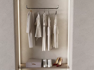 Elegant White Clothes Hanging In Illuminated Wardrobe With Shoes And Box 3d model