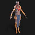 Fantasy Woman in Red Top Blue Skirt with Golden Ornaments and Boots