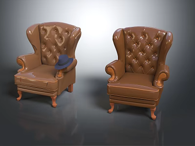 Two Brown Leather Tufted Armchairs With Armrests Wooden Legs And Hat On One 3d model
