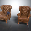 Two Brown Leather Tufted Armchairs With Armrests Wooden Legs And Hat On One