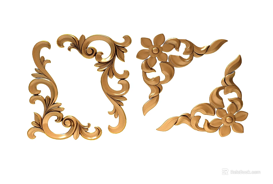 Ornate Golden Carvings with Intricate Floral Patterns as Decorative Corner Elements 3d model