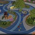 Colorful Outdoor Playground Equipment in Park with Slides Climbing Structures and Green Trees