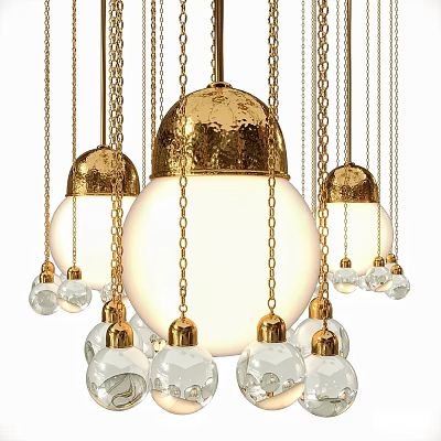 Modern Elegant Golden Chain Chandeliers With Spherical Lampshade And Crystal Decorations 3d model