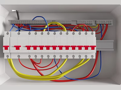 Industrial Electrical Distribution Box With Multiple Circuit Breakers And Colored Wires 3d model