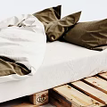 Wooden Pallet Bed Frame With Green Bedspread And White Pillows Setup