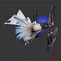 White Haired Mythical Female Character With Mechanical Weapon And Blue Accents