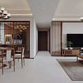 Modern Living and Dining Room Interior With Wooden Furniture Chandelier And Decorative Paintings