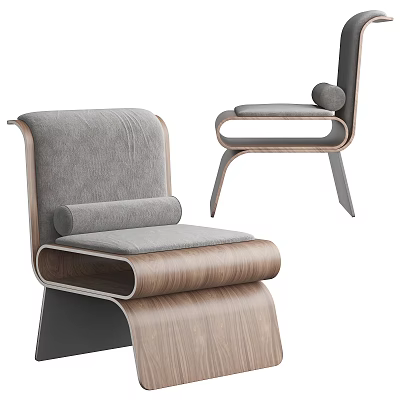 Modern Single Chair With Walnut Wood Frame Gray Upholstery And Curved Design 3d model