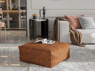 Modern Living Room Interior Single Sofa With Brown Leather Ottoman Plaid Pillows And Throw Blanket 3d model