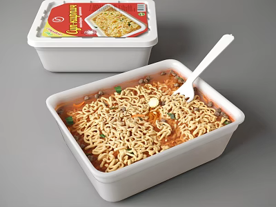 Instant Noodles In Plastic Container With Spoon Soup And Ingredients 3d model