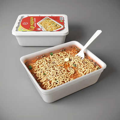 Instant Noodles In Plastic Container With Spoon Soup And Ingredients 3d model