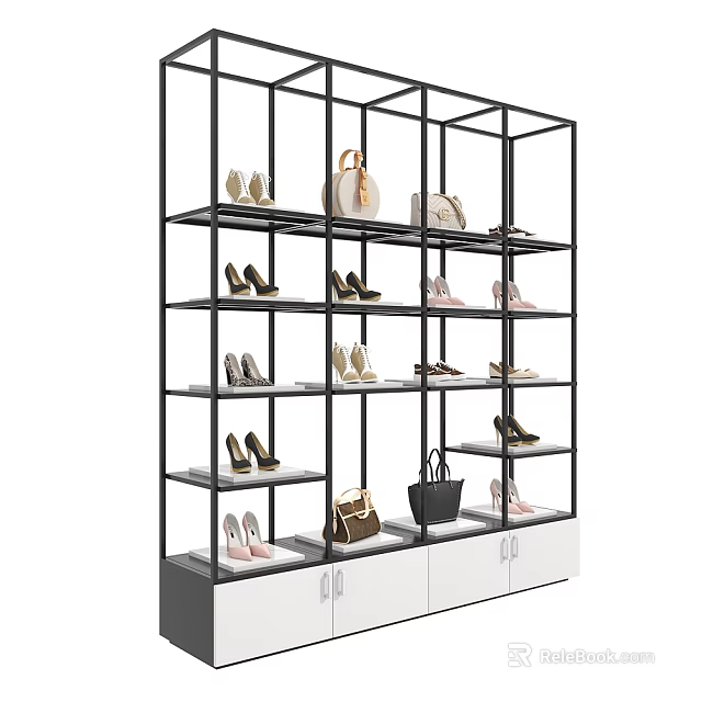 Stylish Modern Multi Tiered Shoe Rack Display With Various Shoes And Handbags 3d model 