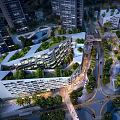 Aerial View of Modern Urban Building Complex with High-Rise Structures and Green Spaces