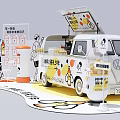White Food Truck With Open Top Orange Decorations Tables And Chairs For Cheese Snacks