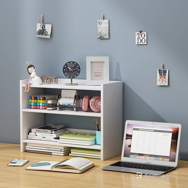 White Bookcase with Books Alarm Clock Photo Frame Colorful Markers and Headphones Near Laptop 3d model 