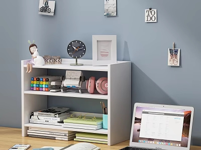 White Bookcase with Books Alarm Clock Photo Frame Colorful Markers and Headphones Near Laptop 3d model