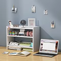 White Bookcase with Books Alarm Clock Photo Frame Colorful Markers and Headphones Near Laptop