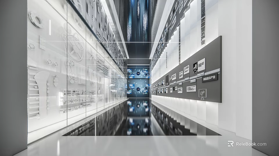 Modern Exhibition Hall with Glass Display Cases Wall Exhibits and Reflective Flooring 3d model 