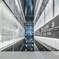Modern Exhibition Hall with Glass Display Cases Wall Exhibits and Reflective Flooring