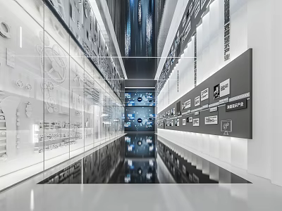 Modern Exhibition Hall with Glass Display Cases Wall Exhibits and Reflective Flooring 3d model