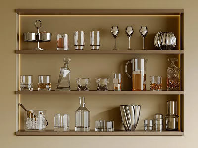 Stylish Glass Cups And Decorative Glassware On Wooden Shelf 3d model