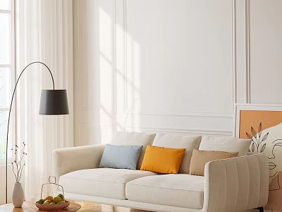 Cozy Two Seater Sofa With Blue Orange Beige Cushions Black Floor Lamp And Coffee Table 3d model