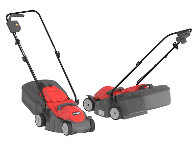 Industrial Push Lawn Mowers Two Red Units With Black Handles And Gray Grass Bins 3d model