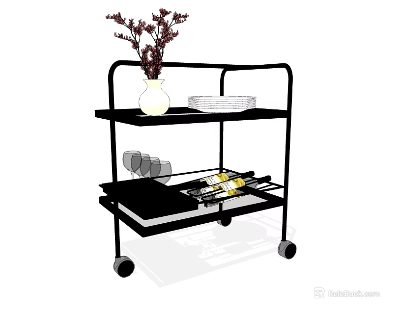 Commercial Kitchen Double Shelf Cart With Wheels For Dish Glass Storage 3d model 