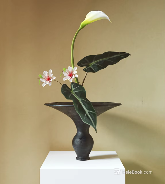 Ornamental Decor Set With Black Vase White Flowers And Large Green Leaves On Beige Background 3d model 