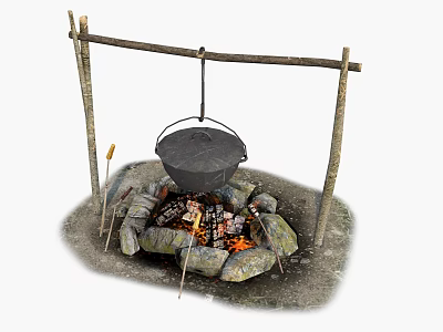 Outdoor Garden Decorative Piece With Stone Circle Fire Pit And Metal Hanging Pot 3d model