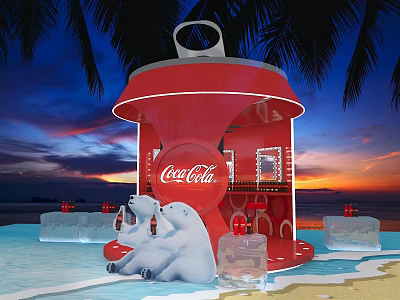 Red Coca-Cola Kiosk With Polar Bears On Beach At Sunset With Ice Blocks 3d model