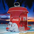Red Coca-Cola Kiosk With Polar Bears On Beach At Sunset With Ice Blocks