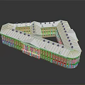 Multi story Building with Unique Layout Yellow Walls White Roof Red Decorations and Blue Windows
