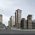 Vibrant Urban Commercial Street with Modern High Rise Buildings Shops Pedestrians and Cars
