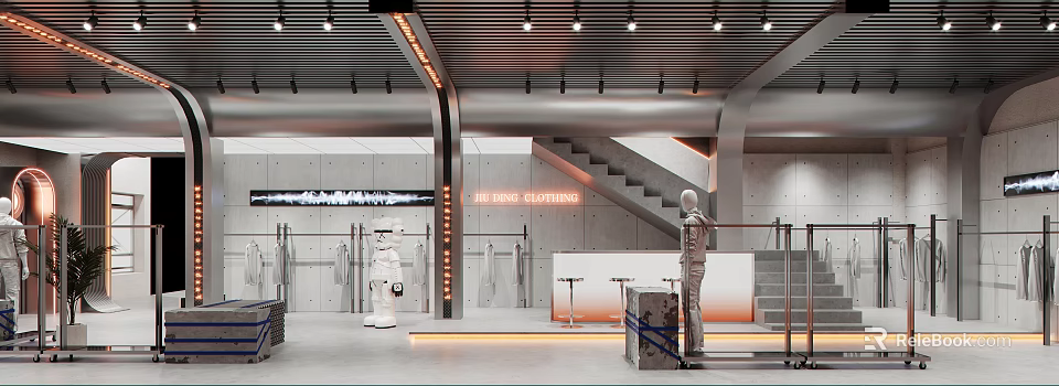 Jiading Clothing Modern Store Interior With Mannequin Displays Staircase And Lighting 3d model 