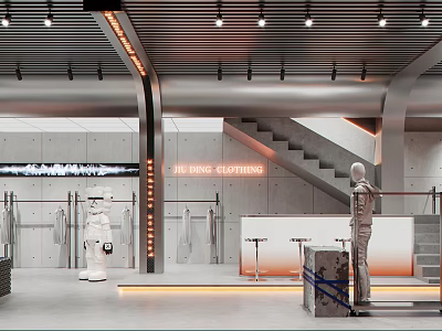 Jiading Clothing Modern Store Interior With Mannequin Displays Staircase And Lighting 3d model