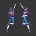 Two Purple Haired Female Characters In Blue Outfits Dancing Joyfully As Anime