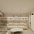 Modern Entertainment Room With Light Sofa White Coffee Table Wooden Flooring Bookshelves And Recessed Lights