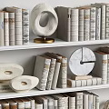 Elegant White Bookshelf Showcasing Books and Magazines Decorative Sculptures Vases and Circular Art