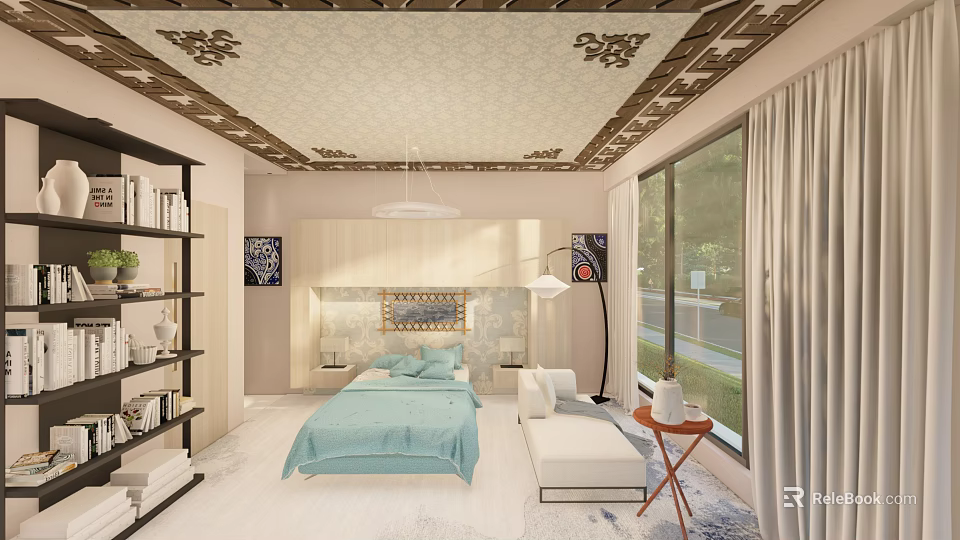 Hotel Guest Room Interior With Light Blue Bedding Bookshelf Ceiling Decoration And Large Window Curtains 3d model 