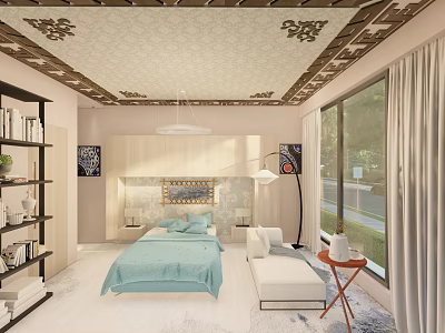Hotel Guest Room Interior With Light Blue Bedding Bookshelf Ceiling Decoration And Large Window Curtains 3d model